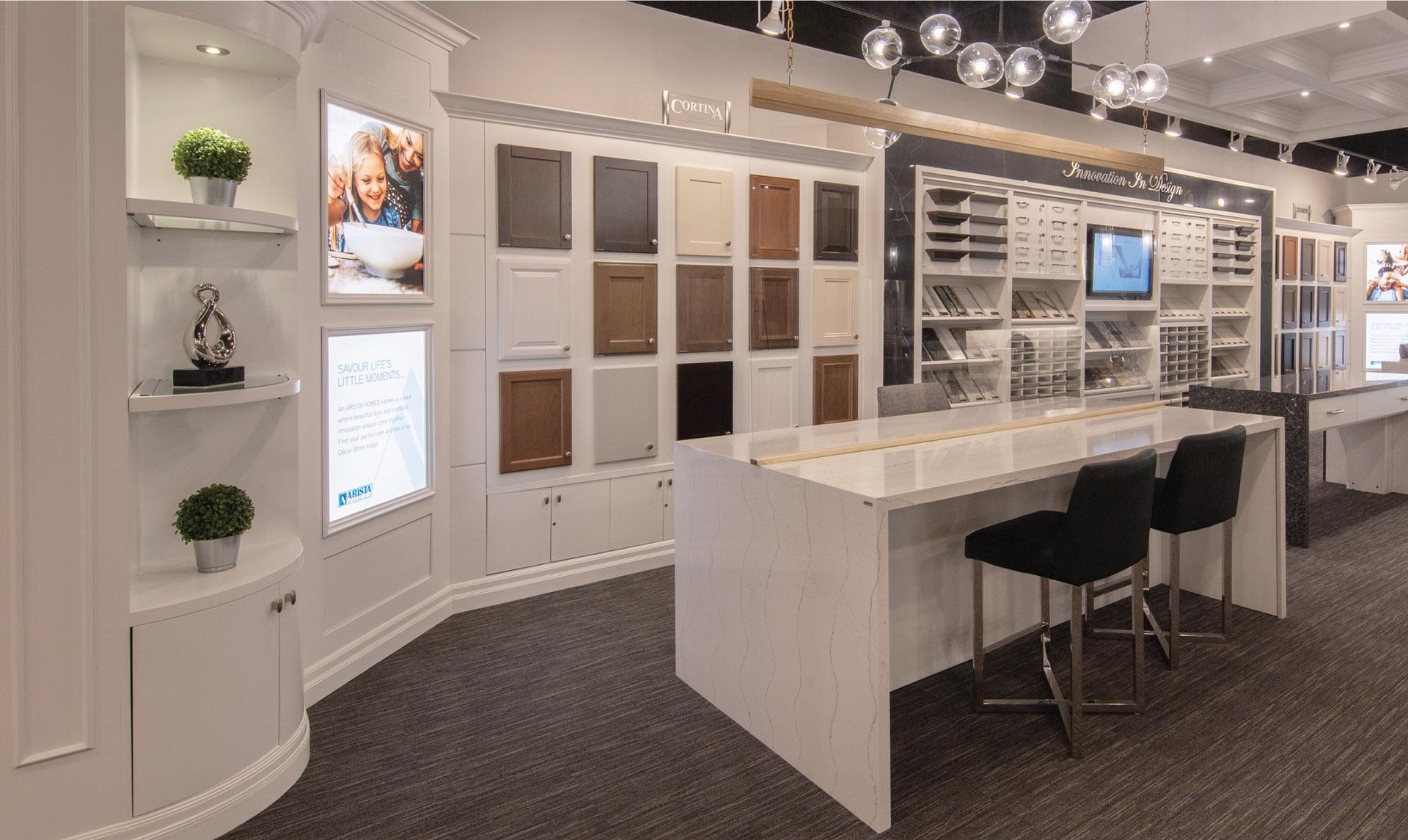 Inside the ARISTA Décor Studio with the wide selection premium finishes in view.