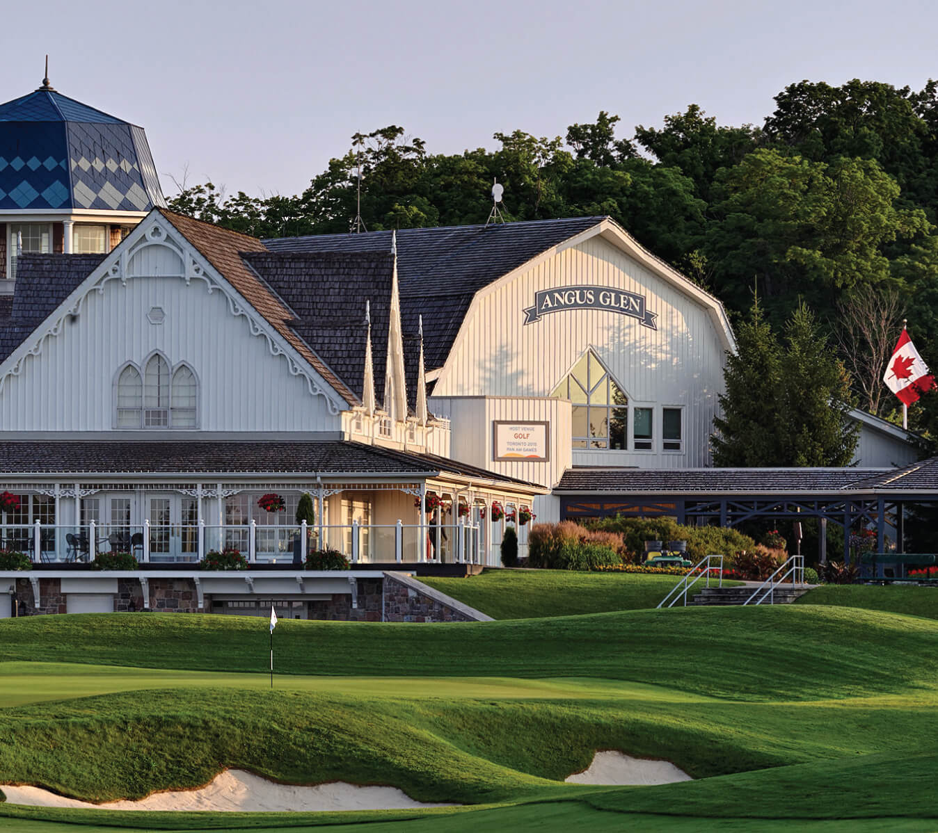 View of the pristine greens and clubhouse of famed Angus Glen Golf Course.